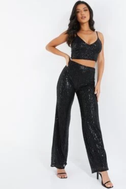 Black Sequin High Waist Palazzo Trousers 9 Black Sequin High Waist Palazzo Trousers -Claasyoo Shop 00100024443 XM