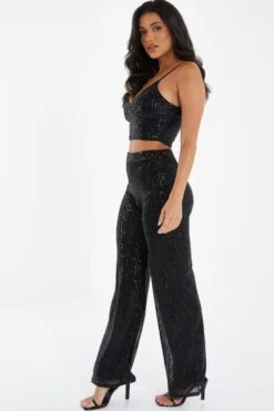 Black Sequin High Waist Palazzo Trousers 11 Black Sequin High Waist Palazzo Trousers -Claasyoo Shop 00100024443 XS