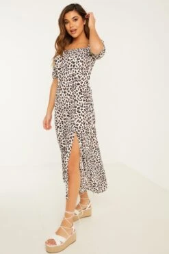 Cream Animal Print Midi Dress -Claasyoo Shop 00100029745 XS