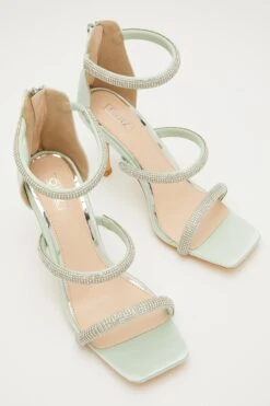 Sage Satin Embellished Heeled Sandals -Claasyoo Shop 00100032946 XS
