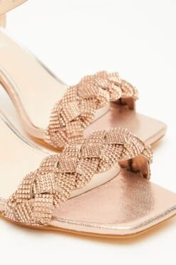 Wide Fit Rose Gold Pleated Block Heeled Sandals -Claasyoo Shop 00100033301 ZB