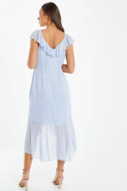 Blue Foil Polka Dot Wrap Midi Dress -Claasyoo Shop 00100033622 XB
