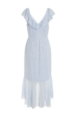Blue Foil Polka Dot Wrap Midi Dress -Claasyoo Shop 00100033622 ZB