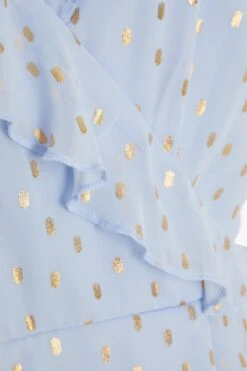 Blue Foil Polka Dot Wrap Midi Dress -Claasyoo Shop 00100033622 ZS