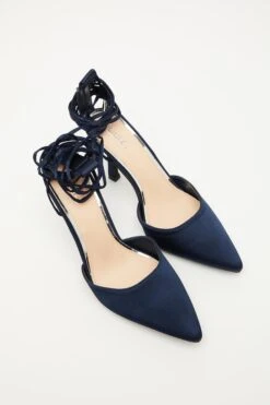 Navy Satin Ankle Tie Court Heels -Claasyoo Shop 00100034490 XS