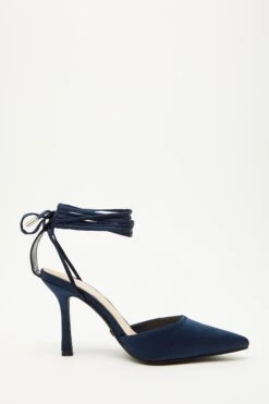 Navy Satin Ankle Tie Court Heels -Claasyoo Shop 00100034490 ZS