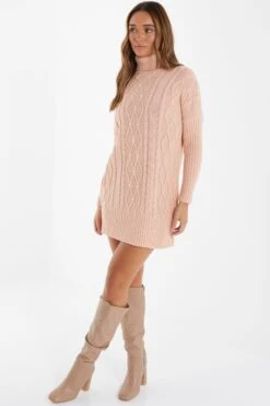 Pink Knitted Pearl Mini Jumper Dress -Claasyoo Shop 00100034982 XS
