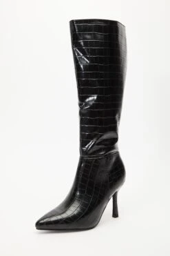 Black Crocodile Knee High Heeled Boots -Claasyoo Shop 00100035061 XB