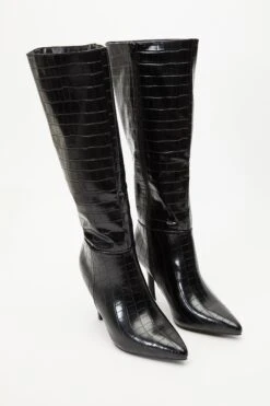 Black Crocodile Knee High Heeled Boots -Claasyoo Shop 00100035061 XS