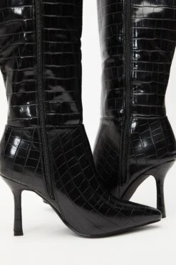 Black Crocodile Knee High Heeled Boots -Claasyoo Shop 00100035061 ZB