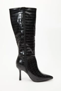 Black Crocodile Knee High Heeled Boots -Claasyoo Shop 00100035061 ZS
