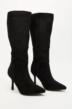 Black Faux Suede Knee High Heeled Boots -Claasyoo Shop 00100035066 XS