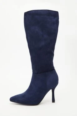 Navy Knee High Heeled Boots
