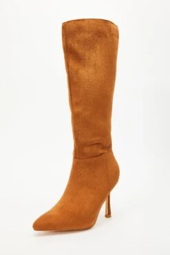 Tan Knee High Heeled Boots -Claasyoo Shop 00100035069 XB