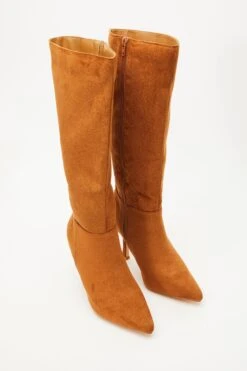 Tan Knee High Heeled Boots -Claasyoo Shop 00100035069 XS