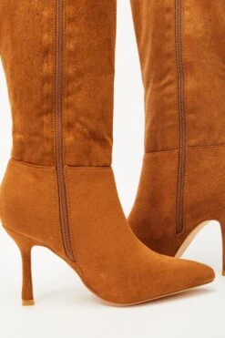 Tan Knee High Heeled Boots -Claasyoo Shop 00100035069 ZB