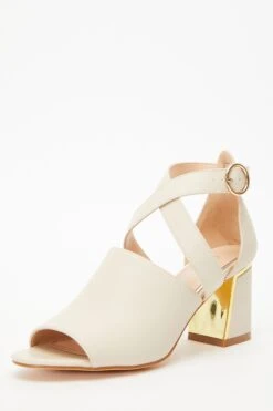 Cream Faux Leather Cut Out Heeled Ankle Boots -Claasyoo Shop 00100035081 XB