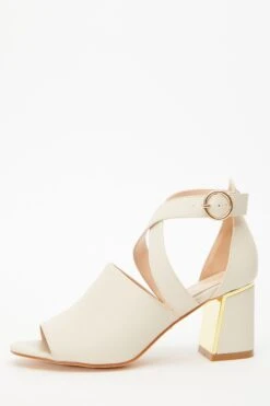 Cream Faux Leather Cut Out Heeled Ankle Boots