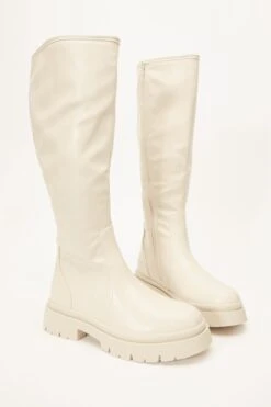 Cream Knee High Chunky Boots -Claasyoo Shop 00100035103 XS