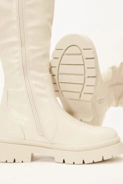 Cream Knee High Chunky Boots -Claasyoo Shop 00100035103 ZB