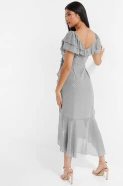 Grey Metallic Stripe Chiffon Midi Dress -Claasyoo Shop 00100035252 XB