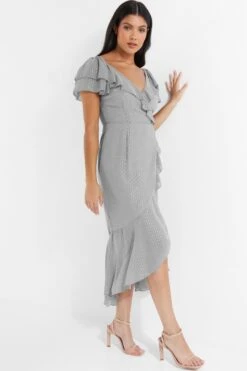 Grey Metallic Stripe Chiffon Midi Dress -Claasyoo Shop 00100035252 XS