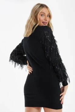 Black Knitted Embellished Mini Dress -Claasyoo Shop 00100035261 XB