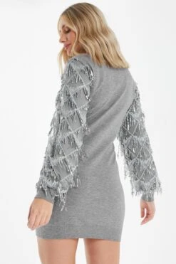 Grey Knitted Embellished Mini Dress -Claasyoo Shop 00100035262 XB