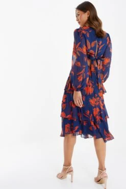 Orange Floral Chiffon Tiered Midi Skirt -Claasyoo Shop 00100035490 XB