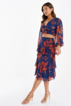 Orange Floral Chiffon Tiered Midi Skirt -Claasyoo Shop 00100035490 XS