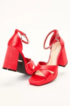 Red Satin Jewel Platform Heeled Sandals 9 Red Satin Jewel Platform Heeled Sandals -Claasyoo Shop 00100035592 XM