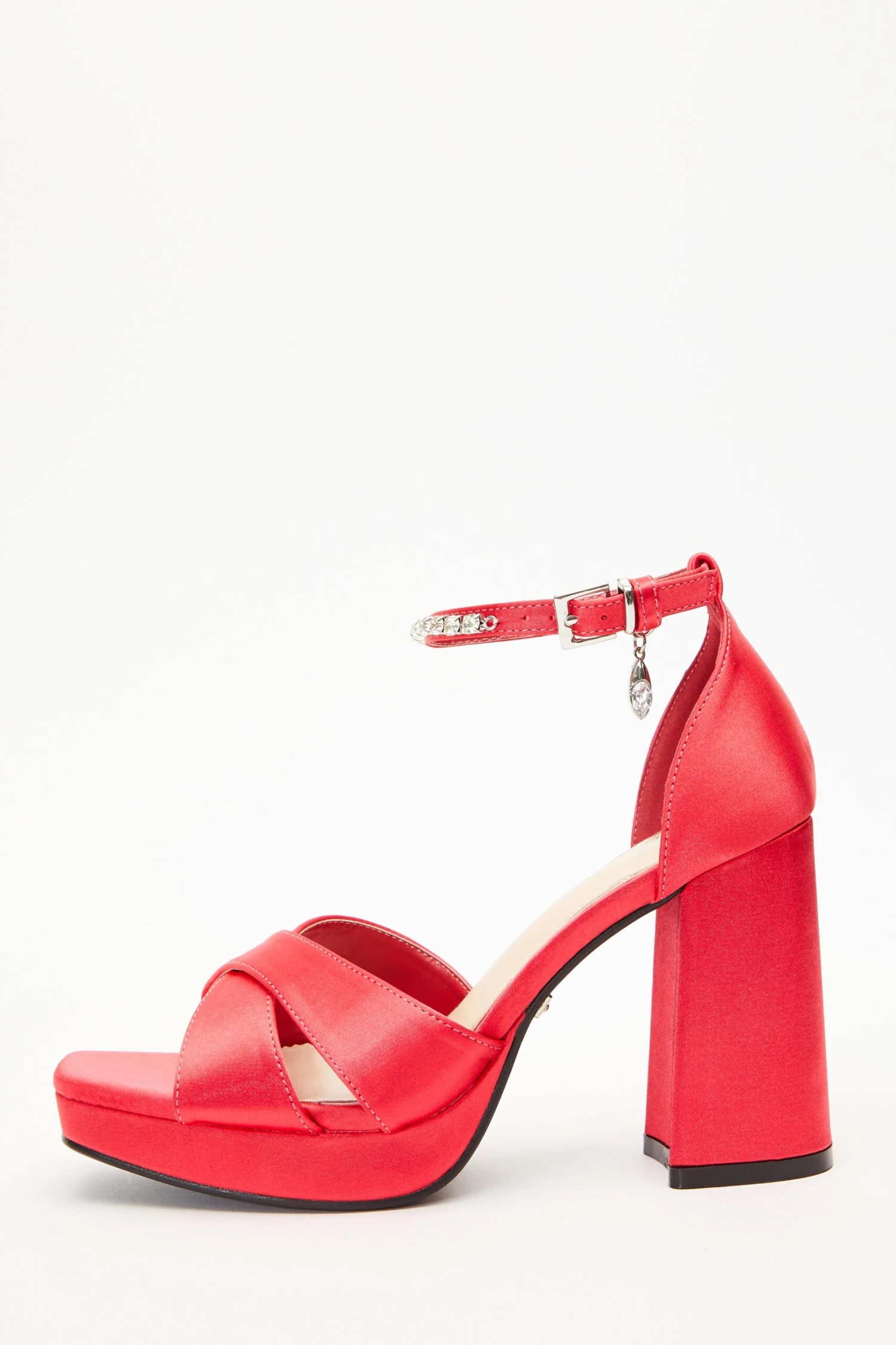 Red Satin Jewel Platform Heeled Sandals 3 Red Satin Jewel Platform Heeled Sandals