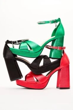 Green Satin Jewel Platform Heeled Sandals -Claasyoo Shop 00100035676 XM