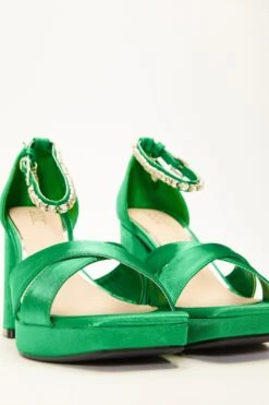 Green Satin Jewel Platform Heeled Sandals -Claasyoo Shop 00100035676 XS