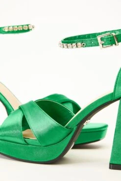 Green Satin Jewel Platform Heeled Sandals -Claasyoo Shop 00100035676 ZB