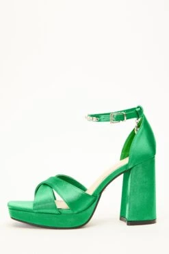 Green Satin Jewel Platform Heeled Sandals