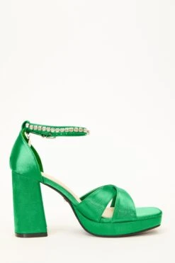 Green Satin Jewel Platform Heeled Sandals -Claasyoo Shop 00100035676 ZS