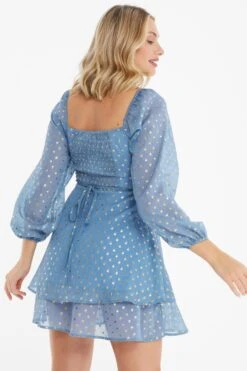 Blue Polka Dot Foil Mini Dress -Claasyoo Shop 00100035707 XB