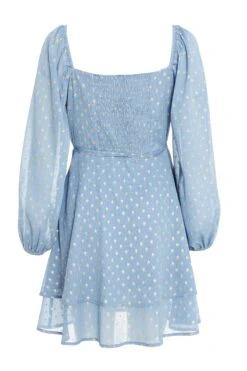 Blue Polka Dot Foil Mini Dress -Claasyoo Shop 00100035707 ZB