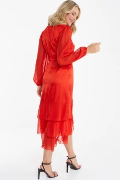 Orange Satin Frill Midi Dress -Claasyoo Shop 00100035710 XB