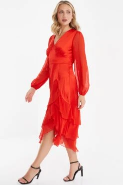 Orange Satin Frill Midi Dress -Claasyoo Shop 00100035710 XS