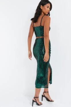 Green Sequin Ruched Midi Skirt -Claasyoo Shop 00100035712 XB