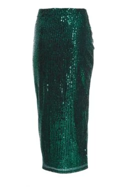 Green Sequin Ruched Midi Skirt -Claasyoo Shop 00100035712 ZB