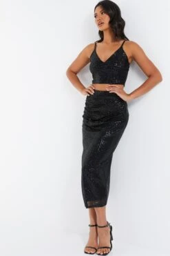 Black Sequin Crop Top -Claasyoo Shop 00100035713 XS