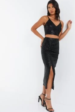 Black Sequin Ruched Midi Skirt 11 Black Sequin Ruched Midi Skirt -Claasyoo Shop 00100035714 XS