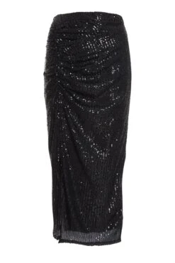Black Sequin Ruched Midi Skirt