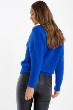Royal Blue Knitted Fluffy Jumper -Claasyoo Shop 00100035741 XB
