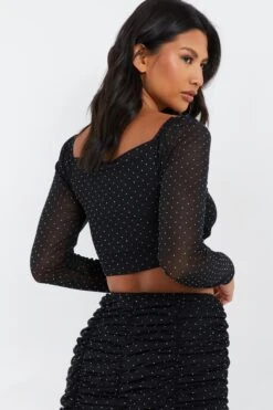 Black Diamante Mesh Ruched Crop Top -Claasyoo Shop 00100035835 XB
