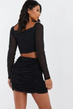 Black Diamante Mesh Mini Skirt -Claasyoo Shop 00100035837 XB