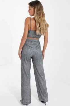 Silver Glitter Palazzo Trousers -Claasyoo Shop 00100035844 XB